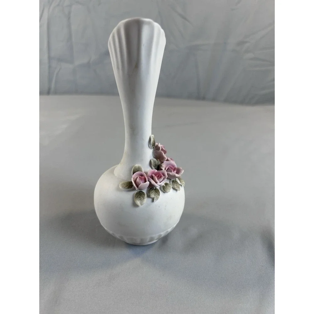 Vintage Porcelain Pitcher Vase Pink‎ Roses Floral Ewer White Ceramic 7